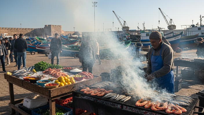 Grillstand in Essaouira. Bild mit Hilfe von Gemini erstellt